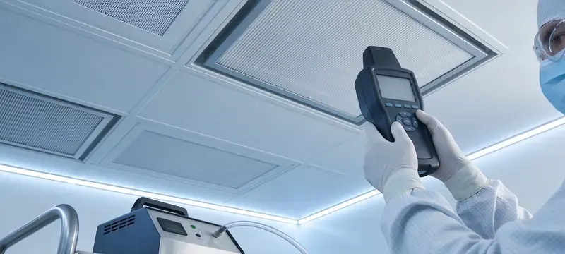 Engineer validating filter data on site cleanroom