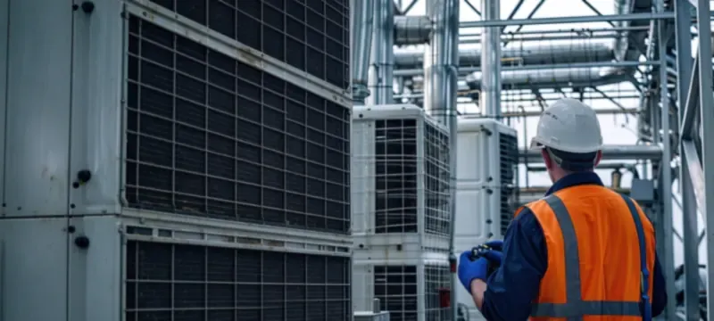 Building engineer inspecting commercial HVAC filter bank