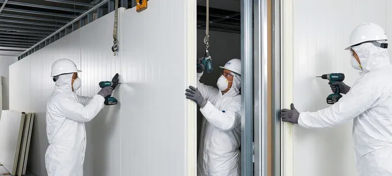 Technician installing sealing cleanroom wall panel joint Technician installing sealing cleanroom wall panel joint