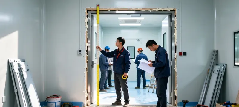 Worker installing door frame cleanroom construction site Worker installing door frame cleanroom construction site