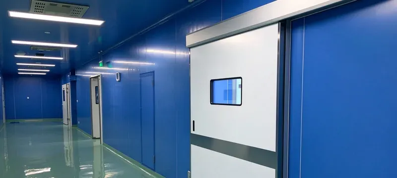 Cleanroom door surface frame track detail closeup