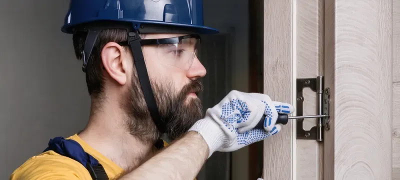 Technician inspecting door hardware hinges maintenance