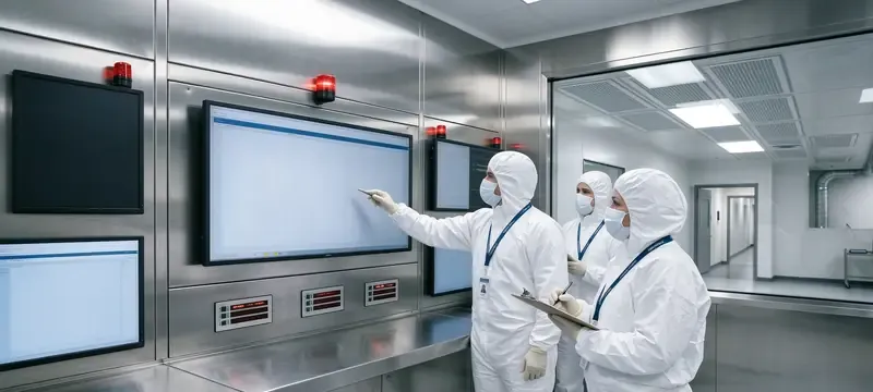 Technician commissioning testing cleanroom door