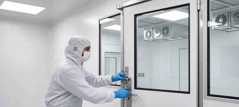 Technician servicing cleanroom door components maintenance Technician servicing cleanroom door components maintenance