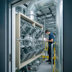 Deiiang duct dampers in a commercial building air handling room