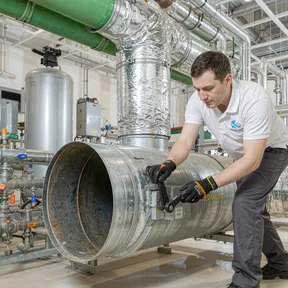 HVAC technician adjusting a Deiiang volume control damper in a commercial building