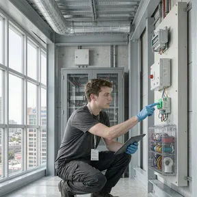 Technician checking Deiiang motorized damper actuators in a building management system room