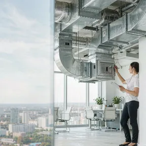 Engineer inspecting Deiiang fire and smoke dampers in an office building