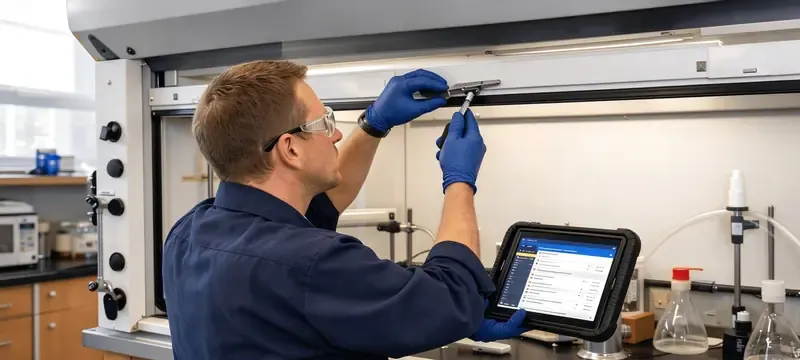 Technician inspecting fume hood maintenance