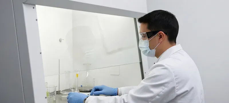 Researcher checking fume hood before use Researcher checking fume hood before use