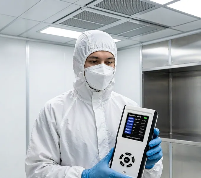 Technician using the APC-H200 handheld particle counter for an airborne particle count in an ISO 7 cleanroom