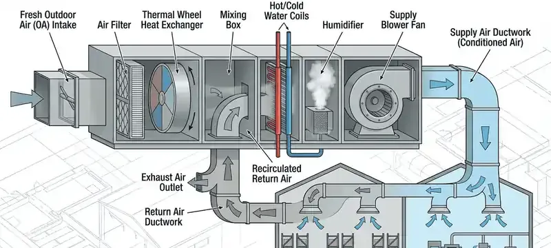 Positions of outside air, return air and exhaust air dampers in an air handling unit Positions of outside air, return air and exhaust air dampers in an air handling unit