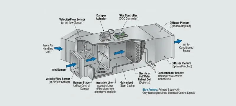 VAV terminal box cutaway showing inlet damper, damper actuator and airflow sensor VAV terminal box cutaway showing inlet damper, damper actuator and airflow sensor