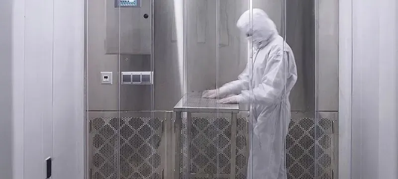 Operator weighing and dispensing material inside a cleanroom downflow booth Operator weighing and dispensing material inside a cleanroom downflow booth
