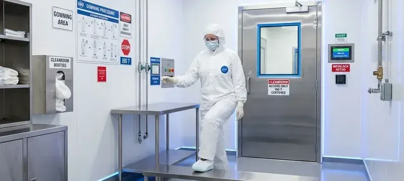 Gowned operator entering a personnel airlock with interlock control beside an ISO 7 gowning area Gowned operator entering a personnel airlock with interlock control beside an ISO 7 gowning area