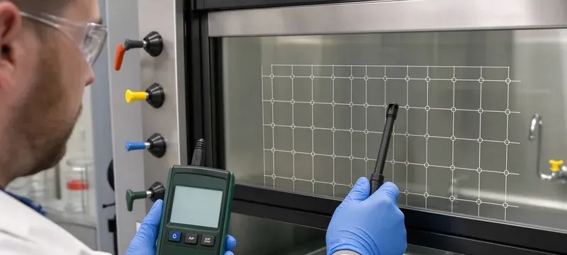 Commissioning engineer measuring fume hood face velocity with a handheld anemometer Commissioning engineer measuring fume hood face velocity with a handheld anemometer