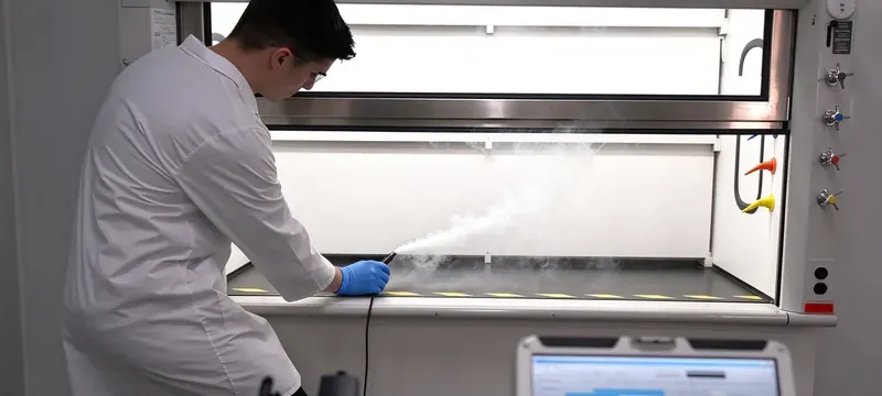 Smoke from a smoke pen being drawn into the fume hood sash opening during a containment check Smoke from a smoke pen being drawn into the fume hood sash opening during a containment check