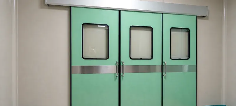 Laminate cleanroom doors with vision panels in a change room or support corridor