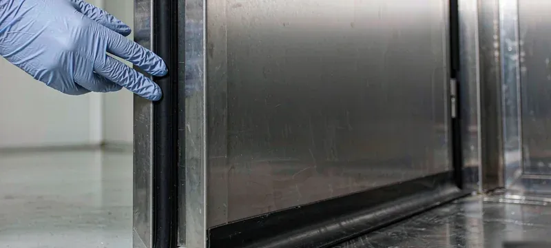 Gloved hand checking the EPDM gasket along a stainless steel cleanroom door frame at floor level Gloved hand checking the EPDM gasket along a stainless steel cleanroom door frame at floor level