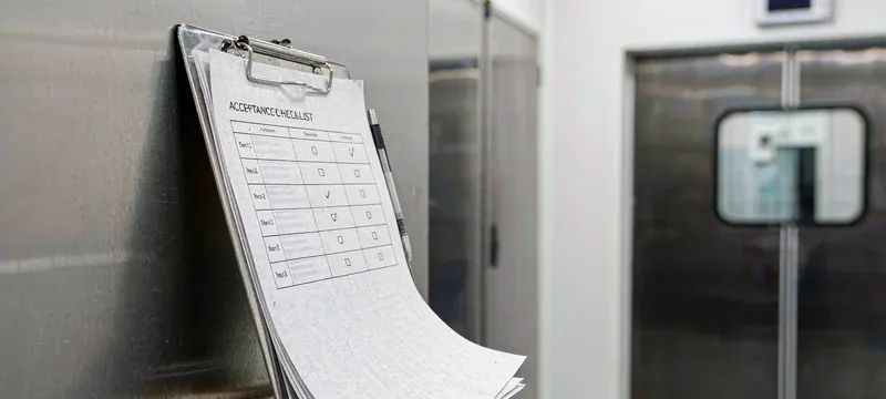Acceptance checklist clipboard on a stainless shelf beside a pharmaceutical cleanroom door Acceptance checklist clipboard on a stainless shelf beside a pharmaceutical cleanroom door