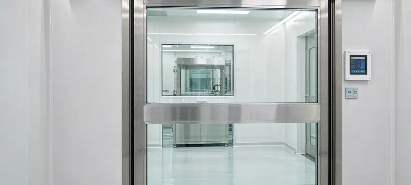 Double-leaf hermetic sliding door with flush vision panels and differential pressure display in a Grade B aseptic suite corridor Double-leaf hermetic sliding door with flush vision panels and differential pressure display in a Grade B aseptic suite corridor
