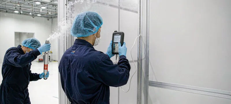 Test equipment measuring cleanroom door leakage on site